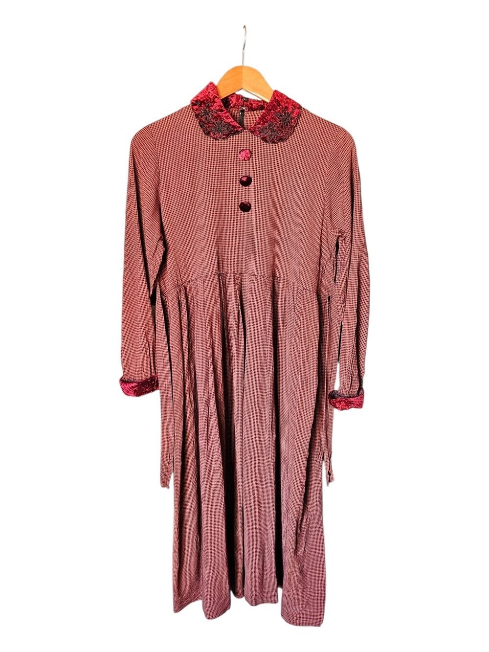 Vintage Impulsive Prairie Gingham Velvet Collar Midi Dress Cottagecore